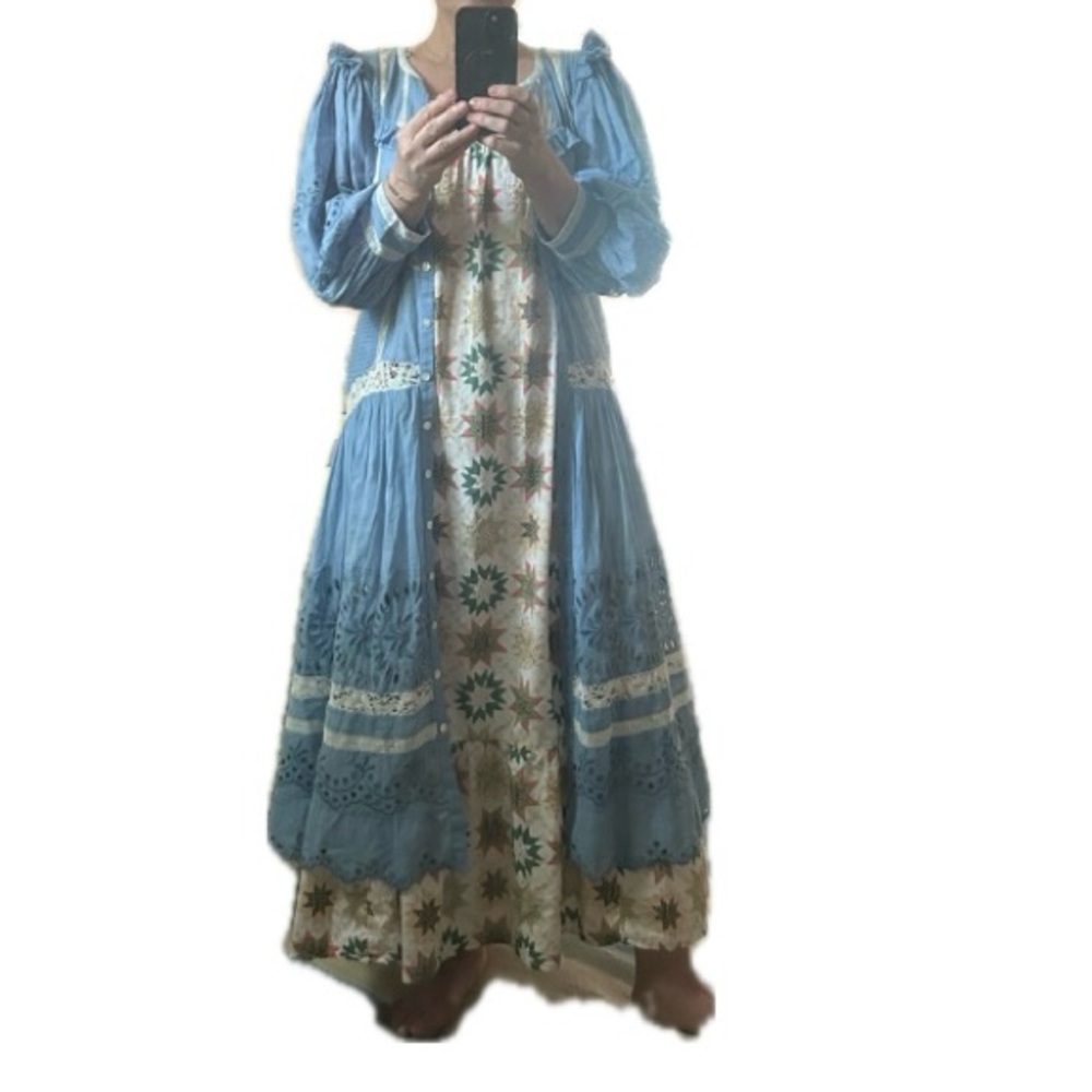 LoveShackFancy Blue and Cream Midi Dress